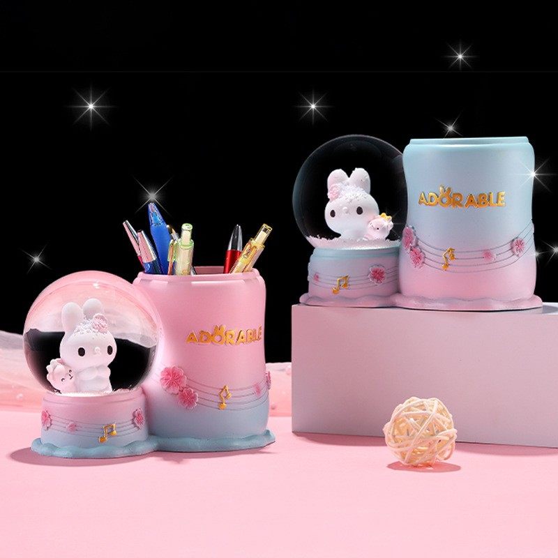 卡通兔水晶球笔筒发光桌面水球玻璃收纳礼品礼物摆件桶树脂儿童