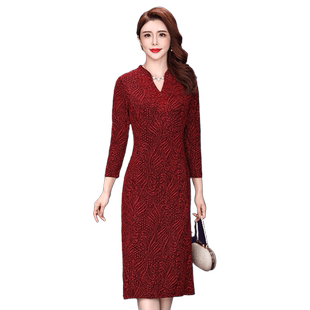 香妮芬中年妈妈连衣裙女气质高贵2025秋季新款红色洋气宴会礼服裙