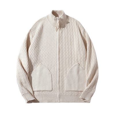 拉链开衫半高领毛料织纱毛衣