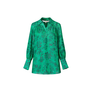 HUI卉100%桑蚕丝莲瓣联蝶团花玉龙图定织翠绿色鸡心领压褶女衬衫