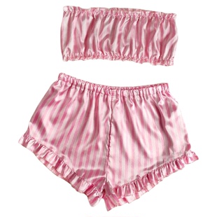 Sexy Pink Striped Cute Pajama Set 性感粉色条纹可爱睡衣套装女