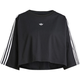 Adidas/阿迪达斯正品三叶草女士休闲经典三条杠针织短款T恤JY8884