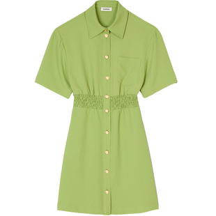 SANDRO Outlets春夏女装法式气质时尚橄榄绿色衬衫领收腰连衣裙