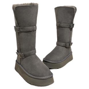 灰色厚底雪地靴长筒女款2025冬季新款增高加绒加厚高筒保暖棉鞋子
