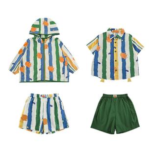 幼悠男童夏季新款条纹翻领衬衫轻薄短裤连帽防晒衣鸡崽系列套装潮