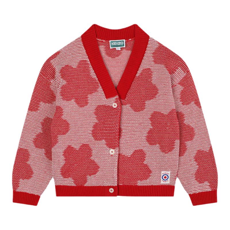 KENZO KIDS童装24秋冬女童红色纯棉V领提花开衫K60646