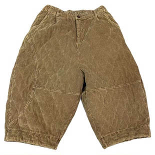 卡其灯芯绒胯宽裤子炒色做旧大码宽松女夹棉菱格八分细条绒棉裤