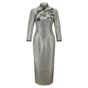 粗花呢秋冬新款优雅华服手工缝制修身重工刺绣老上海长款旗袍