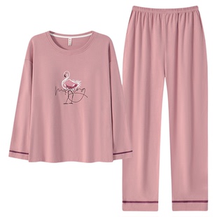 春秋季长袖大码睡衣套装女士夏冬天家居服韩版可外穿可爱宽松休闲