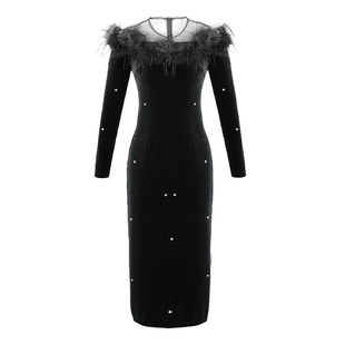 镂空圆领一字肩羽毛丝绒连衣裙减龄复古赫本风气质宴会黑色包臀裙