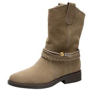 千百度粗跟西部牛仔靴女2025冬季新款真皮瘦瘦靴美拉德复古中筒靴