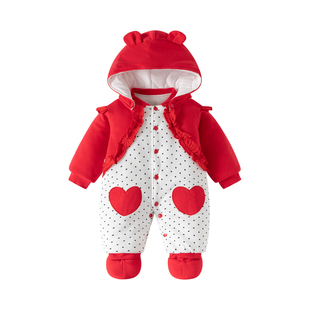 婴儿冬季加厚大红新生儿外出棉衣哈衣女宝宝保暖包脚连体衣外出服