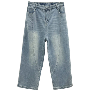 2026春季新款大码女裤宽松显瘦松紧腰老爹裤胖mm弹力直筒牛仔裤子