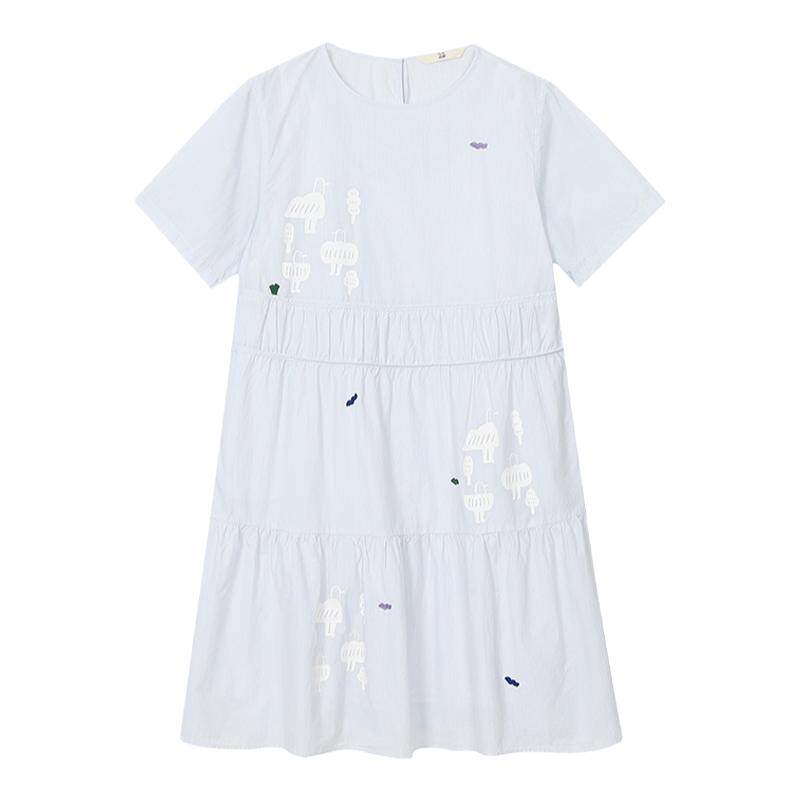 【断码清仓】MIIWII末未23夏浅蓝拼褶可爱印图全棉连衣裙L232500