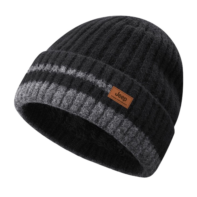 jeep吉普羊毛混纺冷帽男士冬季加绒加厚保暖护颈围脖帽子针织帽冬
