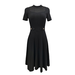 LIME莱茵针织连衣裙黑色2024秋季新款立领显瘦法式优雅收腰百褶裙