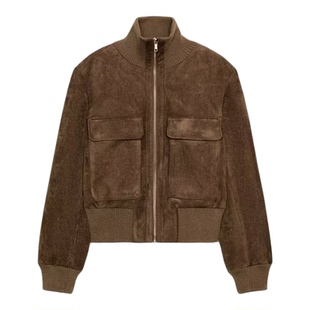 ZA外贸出口绒面质感美式工装风罗纹立领飞行员夹克外套女 8372062