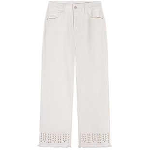 今屿花花牛仔裤女2025新款白色牛仔直筒裤小个子高腰流苏镂空长裤