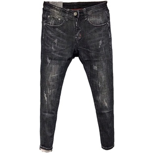 秋冬潮男社会精神小伙黑色紧身牛仔裤男士休闲潮流修身小脚九分裤