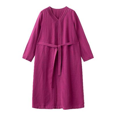 梭家｜折叠往事｜14支亚麻玫红色连衣裙春夏女新款v领中长棉麻裙