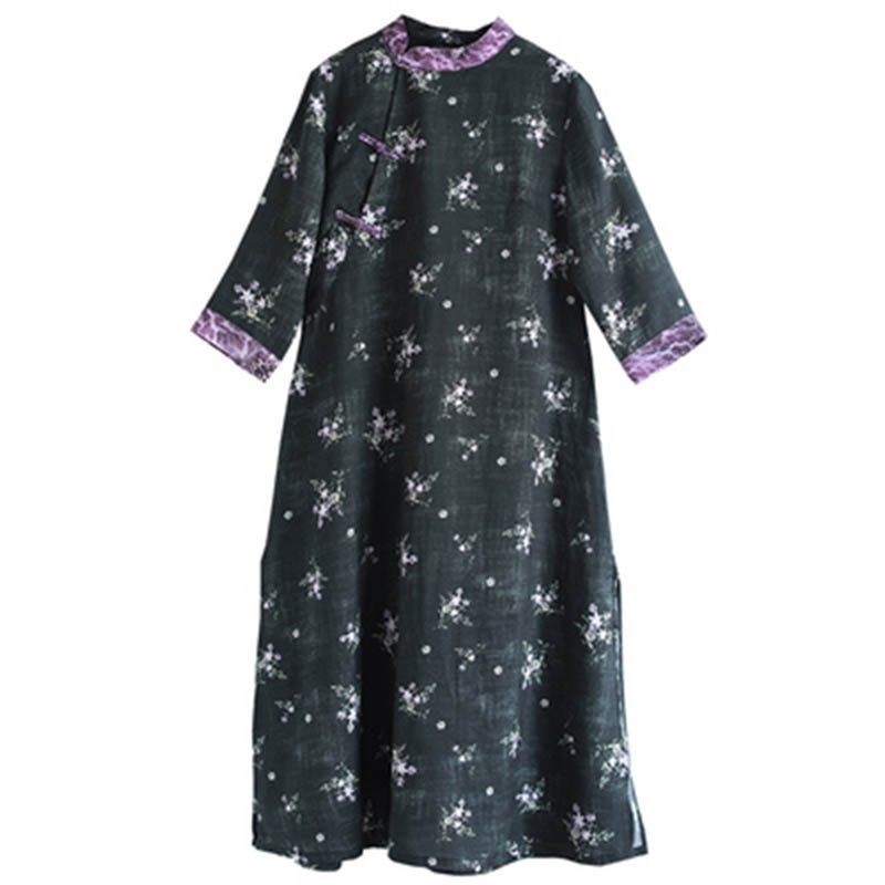 七分袖旗袍长裙女中式苎麻印花夏