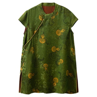 一丝牵100%桑蚕丝真丝香云纱花萝奥黛中长款短袖上衣新中式小衫春