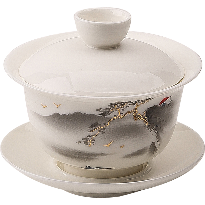 白瓷悬停羊脂玉盖碗茶三才盖碗家用单个陶瓷茶碗功夫茶具带盖手工