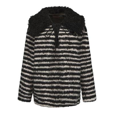 24ans 毛领可拆卸 亲肤羊卷毛慵懒高级感黑白条纹女针织毛衣