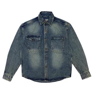 花纹提花领子 牛仔衬衫男工装阿美咔叽重磅水洗外套复古宽松衬衣