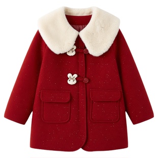 女童红色毛呢毛领外套2025秋冬新款过年服加绒加厚中长款洋气大衣