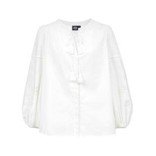 vq区绫致Vero Moda衬衫2025夏季新款纯棉流苏系带镂空灯笼袖上衣