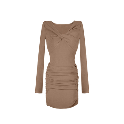 大婷婷 秋冬新款时尚长袖V领显瘦短裙褶皱连衣裙复古小众DT1730