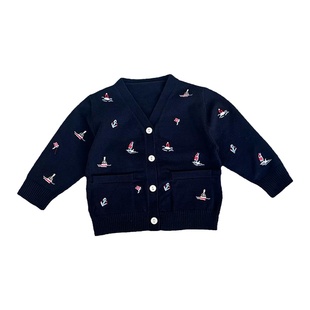 2024春秋新款儿童满身帆船刺绣V领针织开衫韩版儿童毛衣外套衣服