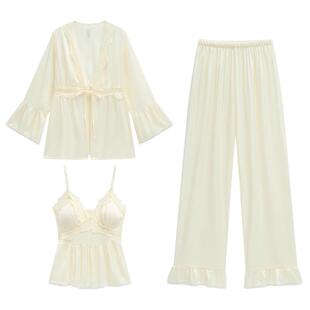 乐姿梦春秋睡衣女蕾丝边性感吊带长裤三件套冰丝带胸垫家居服夏季