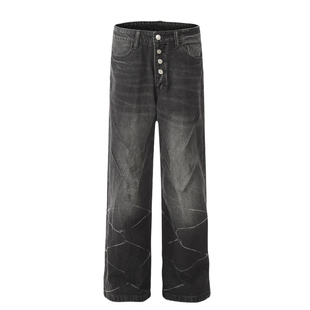ISTURE 美式褶皱闪电纹牛仔裤黑色做旧水洗小众设计宽松阔腿长裤