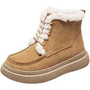 意尔康女鞋2025冬季加绒保暖棉鞋厚底短筒雪地靴户外休闲短靴复古