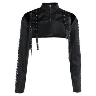 Wannathis朋克风摇滚铆钉短款PU皮罩衫辣妹黑色短外套音乐节上衣