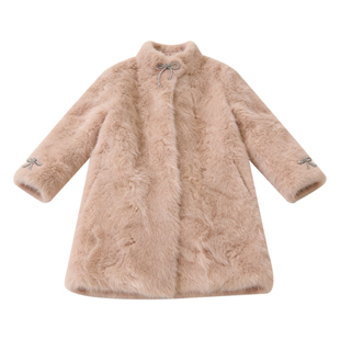 萌校长冬新款女童皮草外套皮毛一体花狐环保毛粉色中长款宝宝大衣