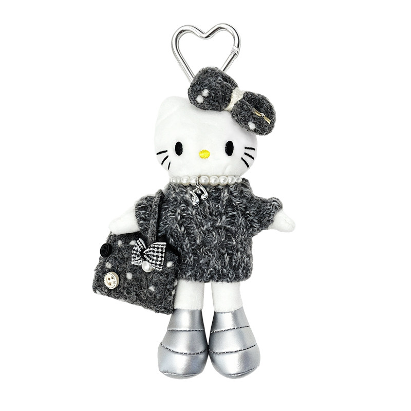 日系灰色毛衣穿搭秋冬长腿hellokitty包挂件可爱毛绒公仔kt猫挂件