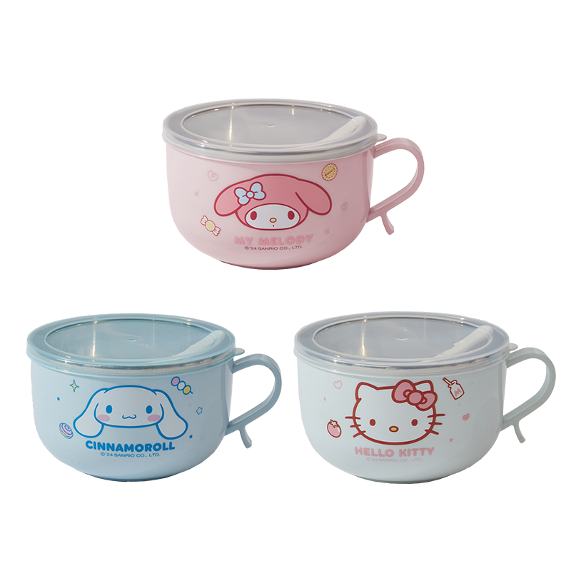 三丽鸥儿童吃饭碗不锈钢带盖专用学生隔热防烫家用手柄面汤碗餐具