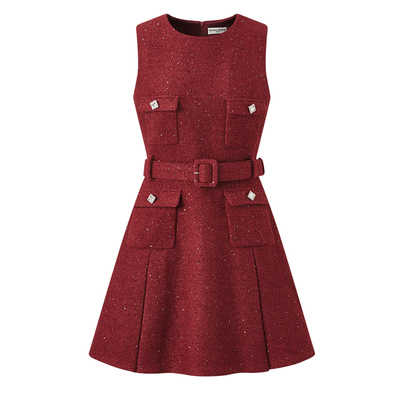 DIANAVEVINA冬季新款复古红色小香风无袖女收腰背心连衣伞裙