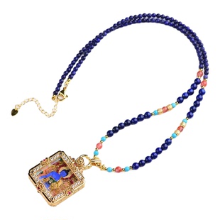 复古青金石吊坠链绳药师佛小方卡佛牌唐卡项链绳轻奢感首饰