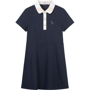 hazzys哈吉斯童装女童连衣裙2026夏新丝光长绒棉短袖甜美POLO裙