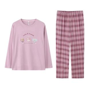 达尔丽柔软睡衣女秋冬纯棉长袖2026新款格子卡通圆领家居服厚套装