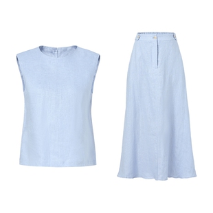 马天奴女装春夏新款蓝色亚麻无袖上衣半身裙半裙子两件套装时尚女
