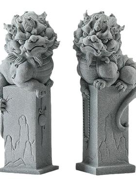 青砂石招财麒麟对狮瑞兽吉祥物鱼缸造景客厅办公室桌面装饰品摆件