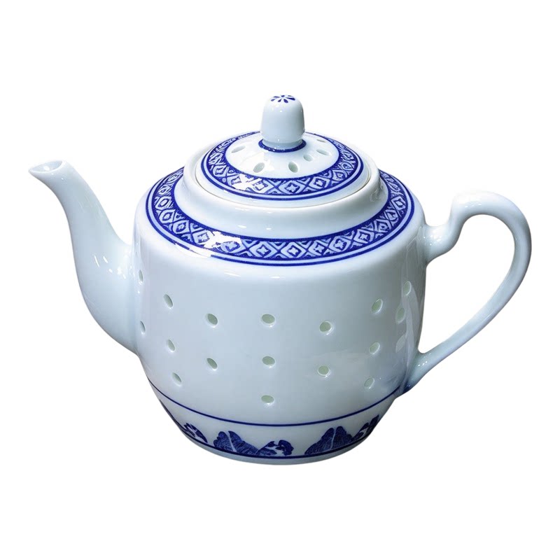 珠鹤阁手绘青花玲珑四合陶瓷茶壶