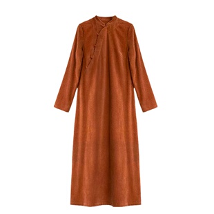 新中式全开襟灯芯绒改良旗袍连衣裙 知笔墨秋冬加厚橘红减龄棉袍