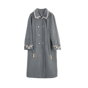 大码胖mm加厚毛呢大衣女翻领系带收腰中长款气质织带花边呢子外套