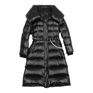 诗梦女装羽绒服冬季黑色收腰翻领长款修身亮面腰带白鸭绒加厚外套